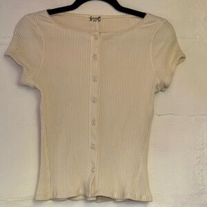 Free People Cream Ribbed Button-Down Top